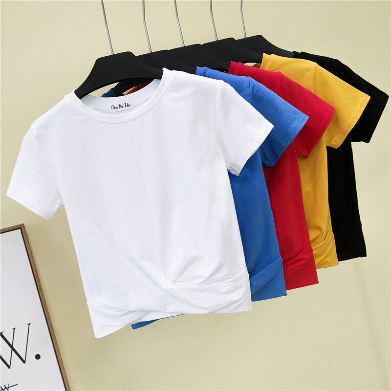 Camiseta corta para Mujer, camisa de verano con cuello redondo cruzado, Camiseta corta informal, Camiseta lisa de algodón, Camiseta de cintura alta para Mujer