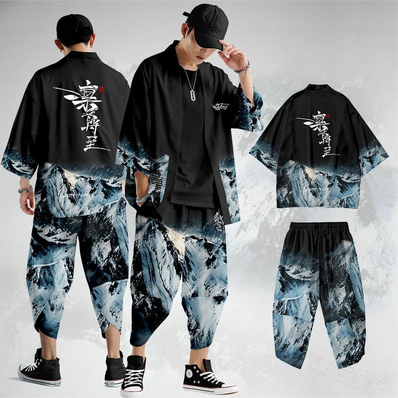 Homem harajuku cardigan kimono japão preto impressão roupas e calça casaco de praia estilo japonês quimono streetwear haori