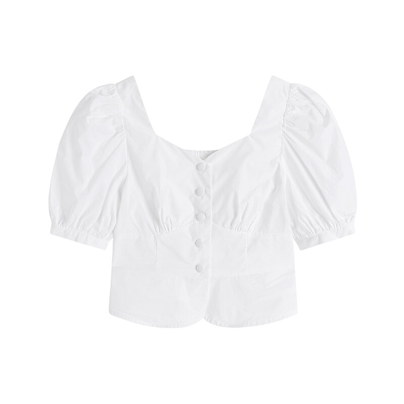 Gelb Whith Hemd Frauen 2021 Neue Sommer Französisch Stil Retro Quadrat Kragen Blase Hülse Taste Damen High Street Kurze Bluse