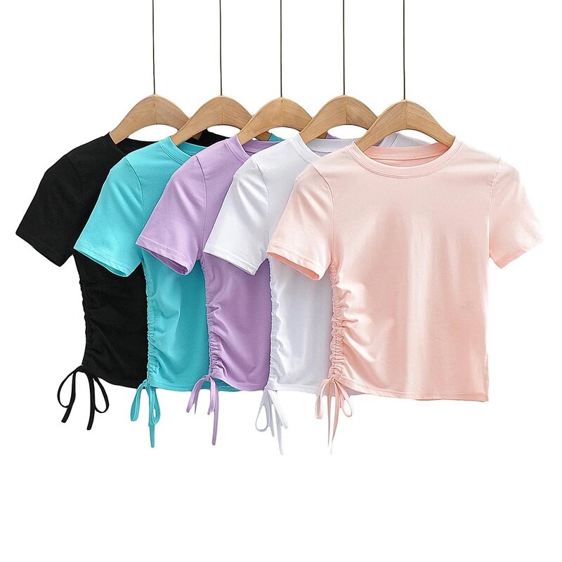 Danjeeer-Camiseta básica de algodón para mujer, camiseta Sexy de manga corta elástica con cordón lateral para Yoga y Fitness, Top de cuello redondo de moda sólida para verano