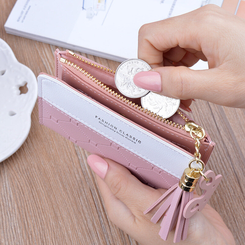 Bolsa de carteira feminina com zíper, carteira pequena com borla de contraste de cor estampada estilo coreana, versátil