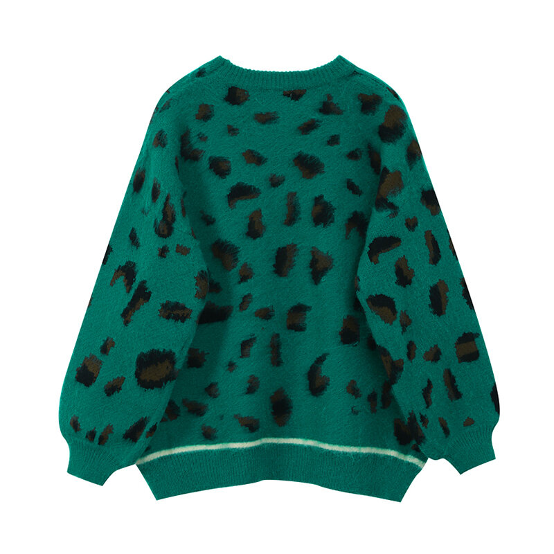 Suéter de punto Vintage para mujer, jersey de manga larga con estampado de leopardo verde, ropa de calle de gran tamaño, Tops, Primavera, 2021