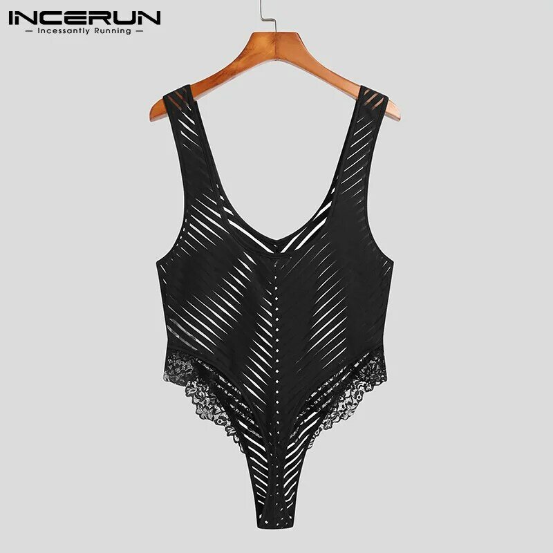 Fashion New Men's Loungewear Breathable Mesh Rompers Lace Striped Jumpsuit Male Sleeveless Patchwork Onesies S-5XL 2022 INCERUN