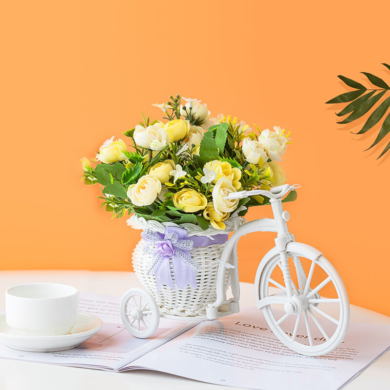 Vaso de imitação em rattan com flores, vaso triciclo, modelo de bicicleta, jardim doméstico, festa de casamento, decoração de mesa, presente de aniversário