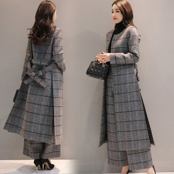 2 peça feminina na altura do joelho longo trench coat e calças de perna larga definir calças femininas inverno escritório senhora cinza xadrez ternos