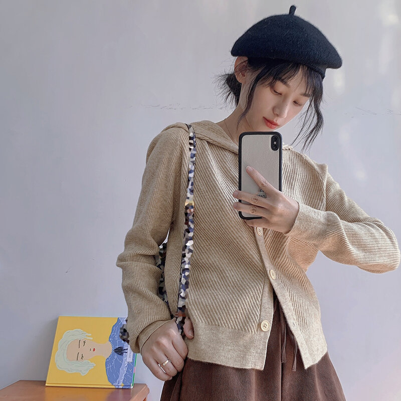 Sweter Wanita Kasual Fashion Korea 2021 Kardigan Rajut Longgar Lengan Panjang Kancing Sebaris Warna Polos Baru Musim Gugur Musim Dingin