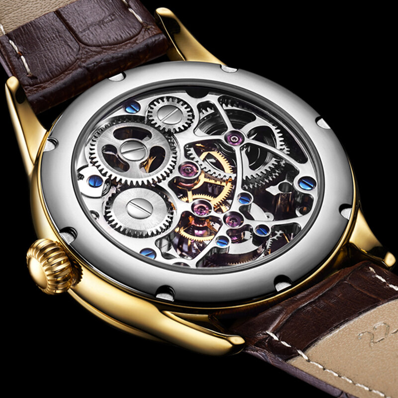 Relógio mecânico aesop 100% real turbilhão vintage couro vazado safira estrela relógio masculino luxo