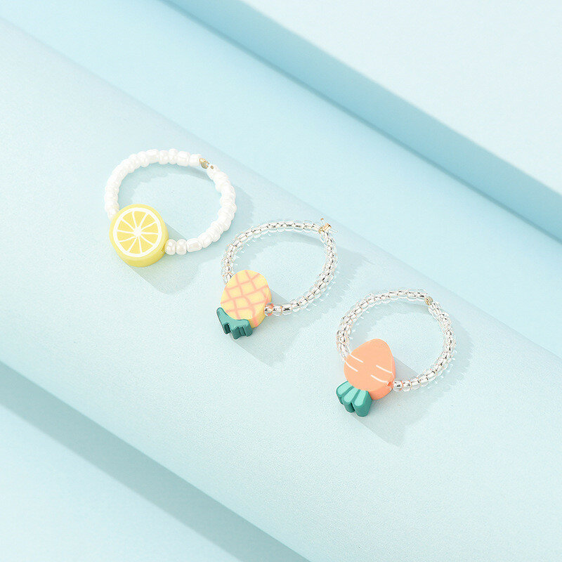 3Pcs Sweet Korea Style Soft Clay Carrot Lemon Pineapple Fruit Ring For Women Girls Summer Small Fresh Finger rings Party Jewelry
