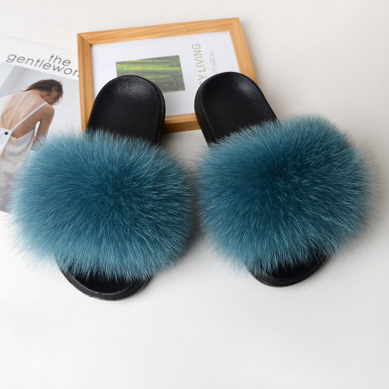 Personalizado al por mayor natural piel de mapache y zorro sandalias de moda para mujer zapatillas Zapatillas de piel