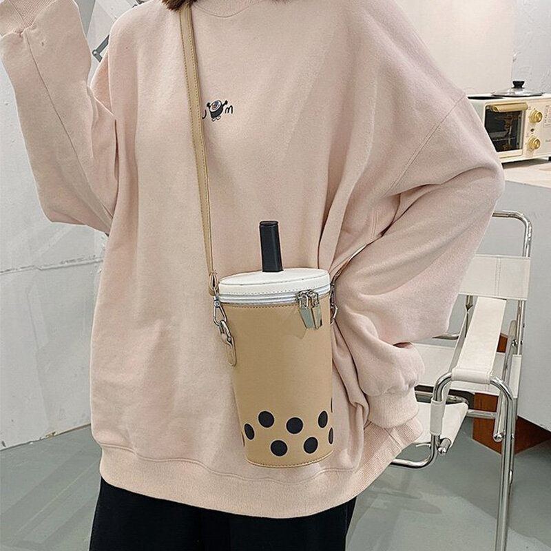 Cute Milk Tea Women's Shoulder Crossbody Bag Drink Cup Design Ladies Autumn Winter Cartoon Printing Pu Leather Messenger Bags