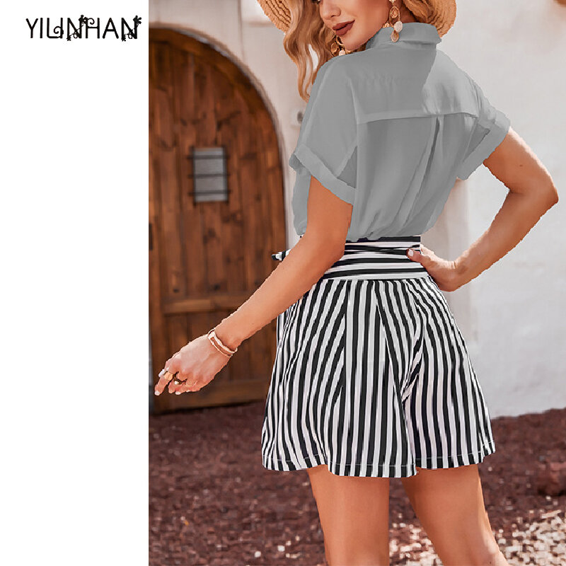 Yilinhan nova camisa de fundo simples solto tamanho grande camisa de manga curta cor sólida para mulher lapela botão casual camisa superior
