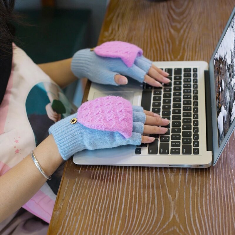 1 Pair Knitted Convertible Gloves Winter Warm Fingerless Gloves Half Finger Mittens with Flip Cover for Women Men