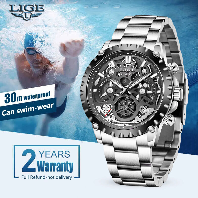 LIGE – Montre de sport à quartz pour homme, bracelet-montre en acier, étanche, de grande marque luxueuse, de style militaire, armée, tendance