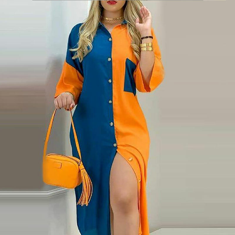 2021 estate donna Sexy Casual manica lunga colletto rovesciato abbigliamento quotidiano abito Colorblock pulsante Design camicia abito con tasca