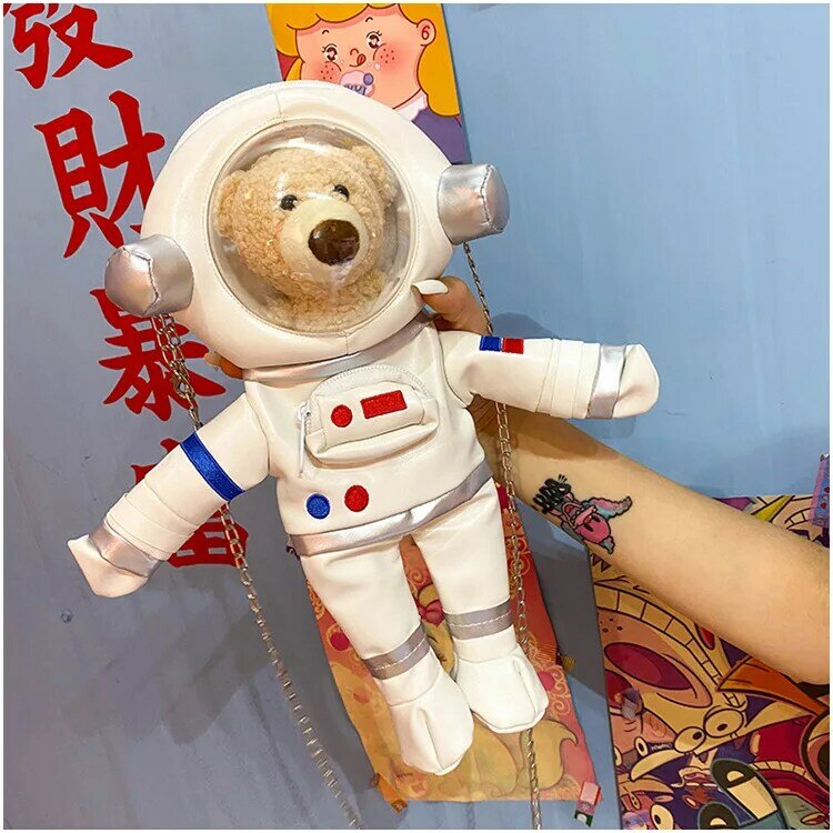 Bolso de oso con diseño de astronauta espacial para mujer, bolsa de hombro desmontable con diseño de dibujos animados, muñeca blanca de PU, de felpa