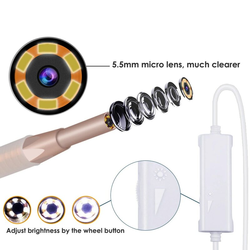 Endoscopio Mini 3 en 1, endoscopio 5,5mm, 1,5 m, inspección, otoscopio Flexible, cámara para boroscopio, herramienta de limpieza de cera del oído para PC y Notebook