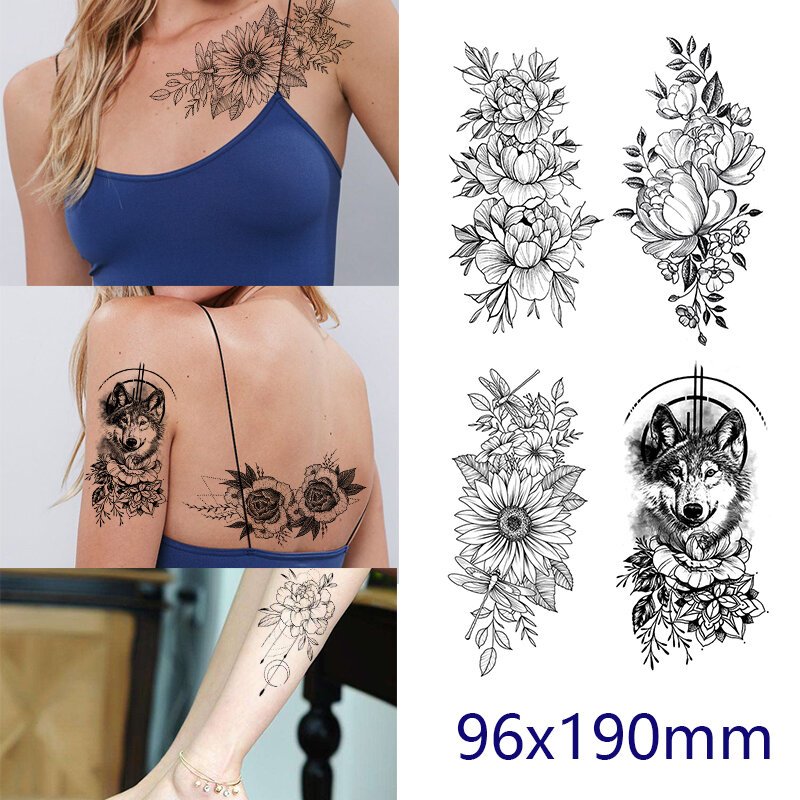 Tatuagem temporária para mulheres meninas falso peônia tatuagem adesivo realista preto falso flor sexy tatuagens transferência dropshipping bk
