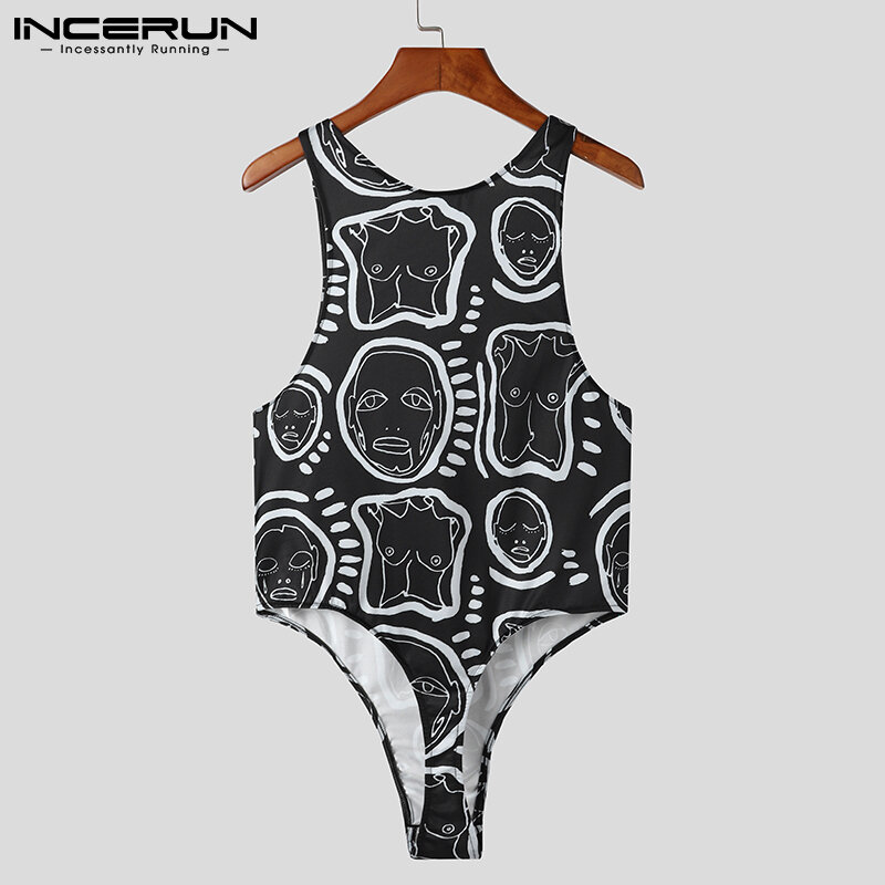 INCERUN 2022 Men Bodysuits Printed Round Neck Sleeveless Skinny Underwear Cozy Rompers Sexy Pajamas Men Tank Tops Bodysuit S-5XL