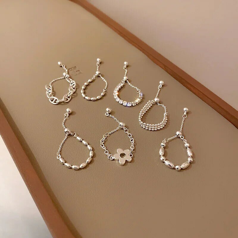 ผู้หญิงแฟชั่นเงินสี Soft Chains แหวนดอกไม้ Rhinestone แหวนเครื่องประดับค็อกเทลของขวัญ