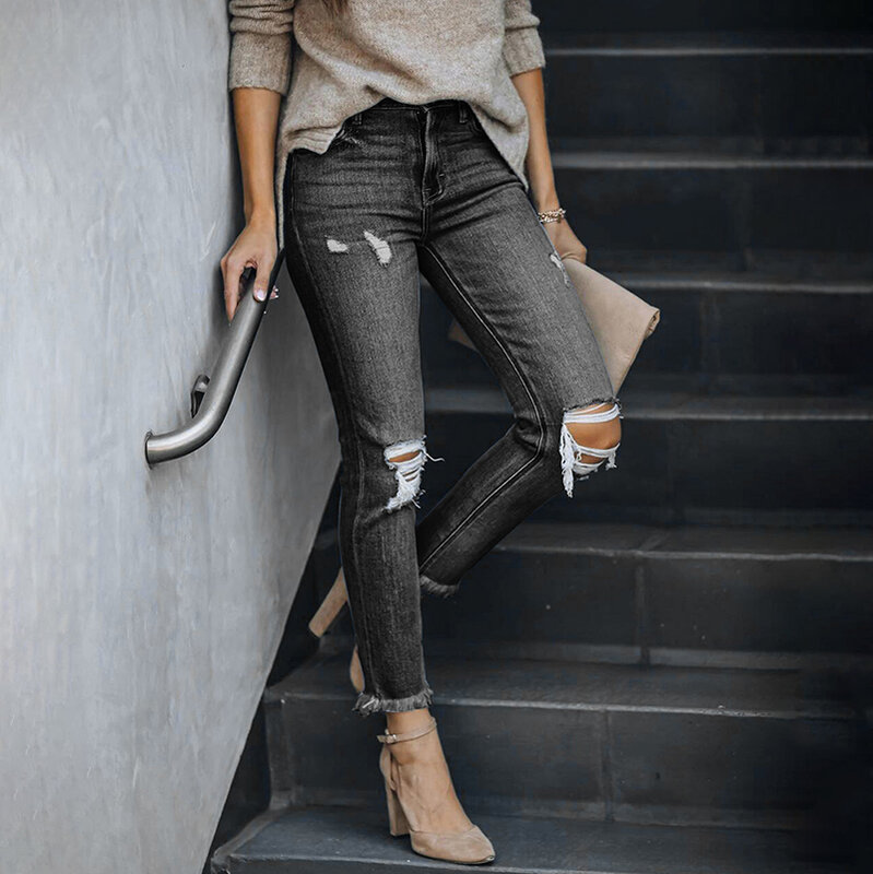 DIFIUPAI ดินสอกางเกงผู้หญิงกลางเอวผอม Slim Fit Ripped Denim กางเกง High Street ยืดกางเกงยีนส์พู่สีดำ/สีฟ้า
