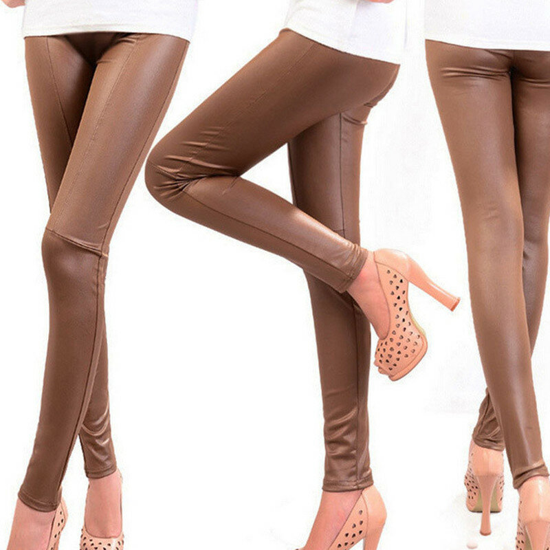 Pantalones de cuero falso para mujer, mallas de retales de color negro y sólido, Leggings ajustados sin pies, DD8001, otoño 2021