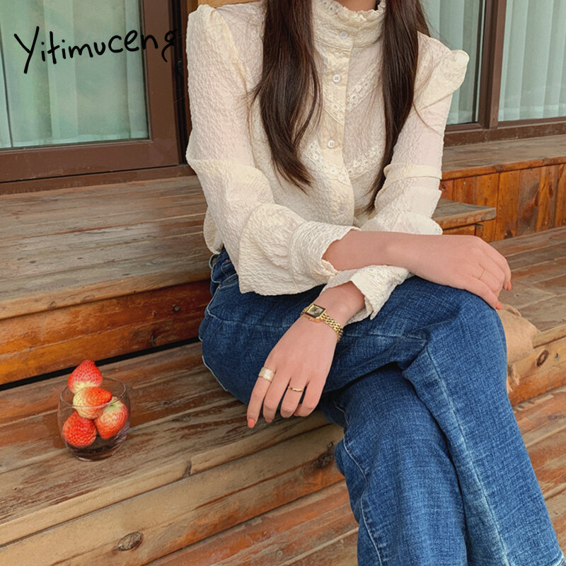 Yitimuceng-女性用長袖フローラルレースシャツ,オフィスシャツ,韓国のファッション,長くてふくらんでいる,ベージュ,春,新しいトップ2021