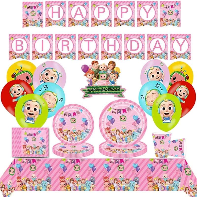 Cocomelon-Juego de vajilla rosa para fiesta, vasos de papel, platos, servilletas de bandera, fiesta de feliz cumpleaños, Baby Shower, decoraciones para niñas