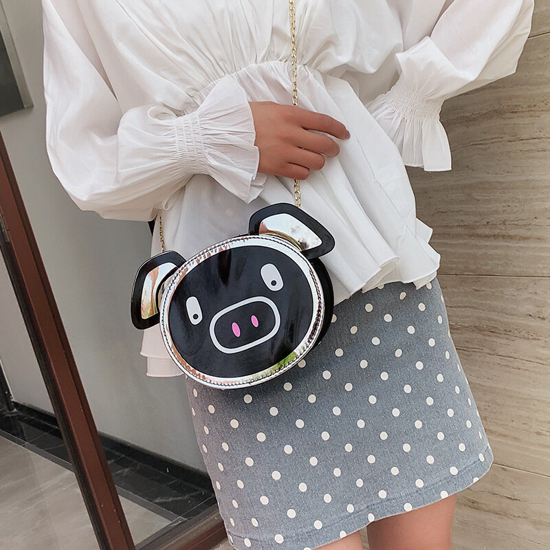 Schöne kinder Cartoon Schwein Handtasche Mode Laser Frauen Kette Umhängetaschen Süße Student Mädchen Mini Messenger Tasche Geldbörse