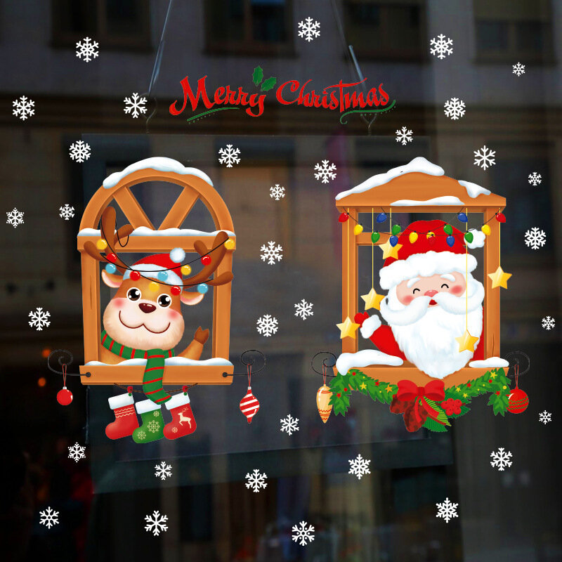 Natal janelas adesivo de parede de vidro de papai noel e elk adesivo de parede filme removível natal adesivos decorativos