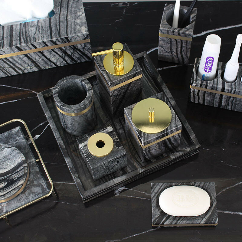 Set di accessori per il bagno Dispenser di sapone in marmo portaspazzolino/Rack e gargarismi tazze piatti vassoio lavabo regali di nozze