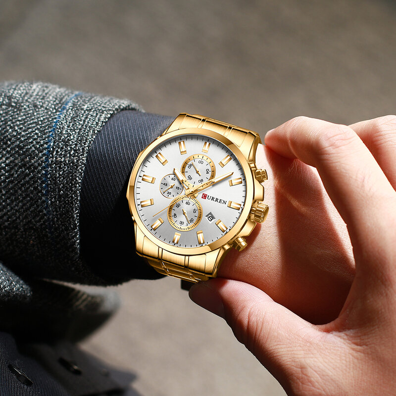 Роскошные Брендовые мужские деловые часы Curren, золотые кварцевые часы из нержавеющей стали для мужчин, светящиеся стрелки, хронограф, водоне...