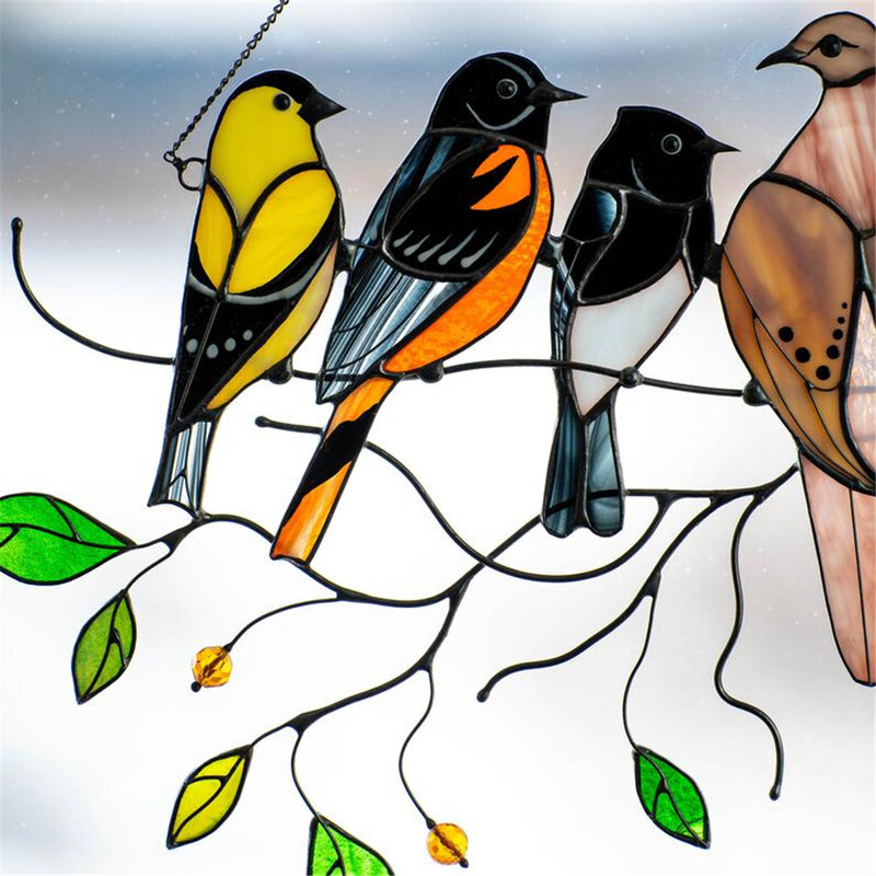 Panneau de fenêtre attrape-soleil en métal coloré, multicolore oiseaux sur un fil, haute teinture, Art 4/7 série d'oiseaux ornements pendentif décoration de la maison
