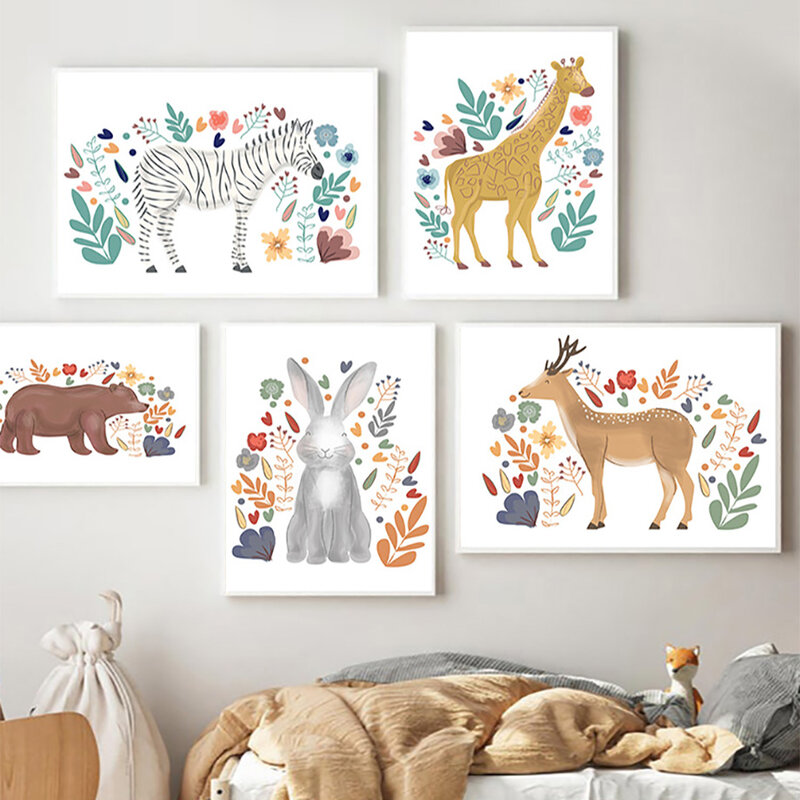 Jerapah Zebra Beruang Gajah Kelinci Animas Lucu Seni Dinding Kanvas Lukisan Poster Nordic dan Gambar Cetakan Anak-anak Dekorasi Kamar Bayi