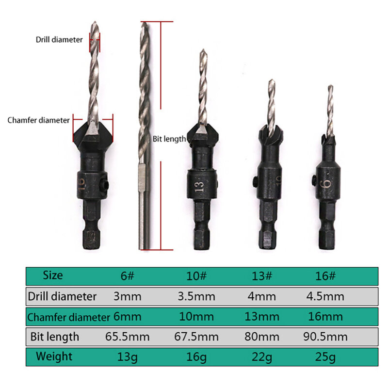 5pcs 1/4 Hex Steel Handle Woodworking Hole Countersunk Head Drill Set Wood Taper Sink Hole Drilling 4PCS Countersunk Head Drills
