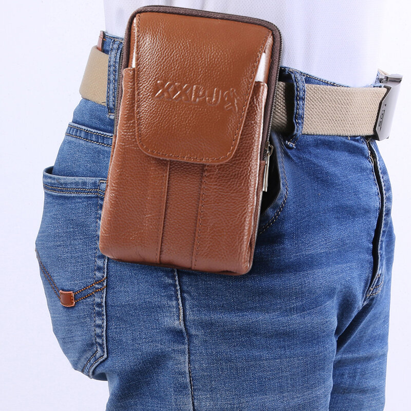 Bolsa de cintura masculina couro genuíno cor sólida viagem negócios casual fanny packs esportes ao ar livre bolsa do telefone móvel bolsos