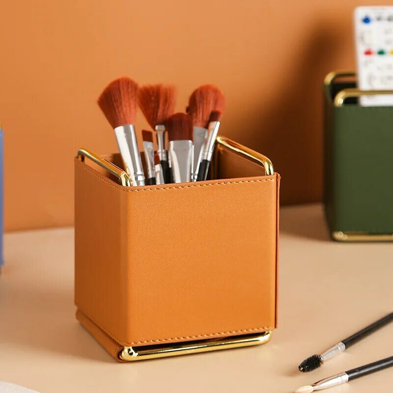 Cubo para brochas de maquillaje, caja de almacenamiento de escritorio, decoración nórdica creativa de cuero, Soporte simple para bolígrafos de oficina