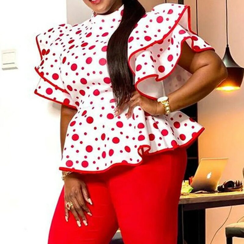 Falbaba-Blusa de cintura alta para mujer, camisa de oficina con manga con volantes, color rojo, talla grande