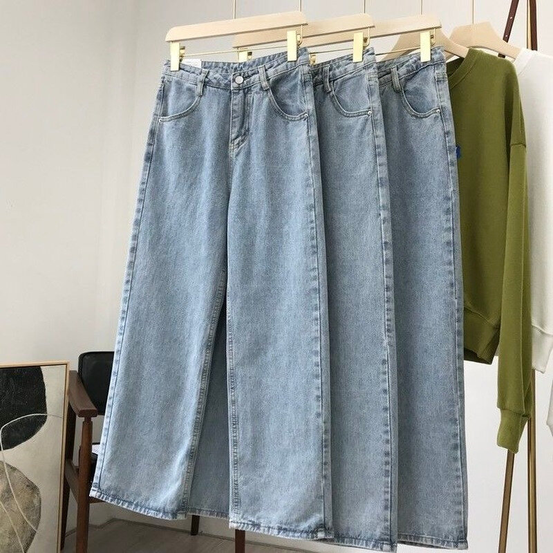 أزرق فاتح سراويل جينز بنطال بنطال ذو قصة أرجل واسعة النساء الكورية مستقيم السراويل الطويلة عالية الخصر فضفاض غير رسمي مع حزام خريف 2020