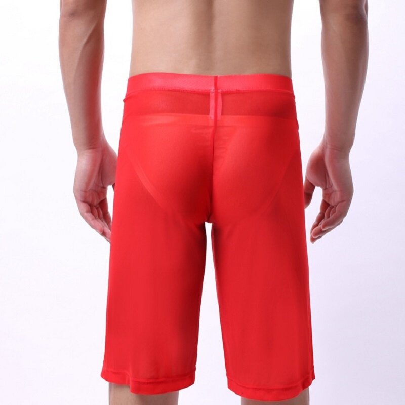 Pantaloncini da notte da uomo Sexy in Mesh con fondo a rete trasparente trasparente intimo Gay pantaloni sportivi tinta unita abbigliamento per la casa estate