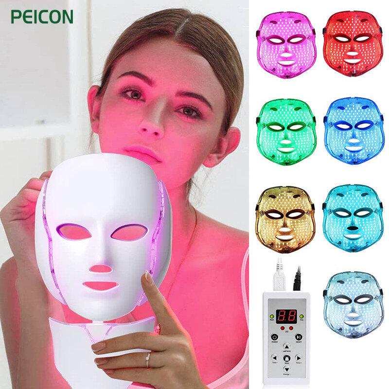 Cuidados com a pele anti envelhecimento da pele que aperta rugas para o rosto & o pescoço terapia de luz da máscara facial do diodo emissor de luz 7 cores do rejuvenescimento da pele