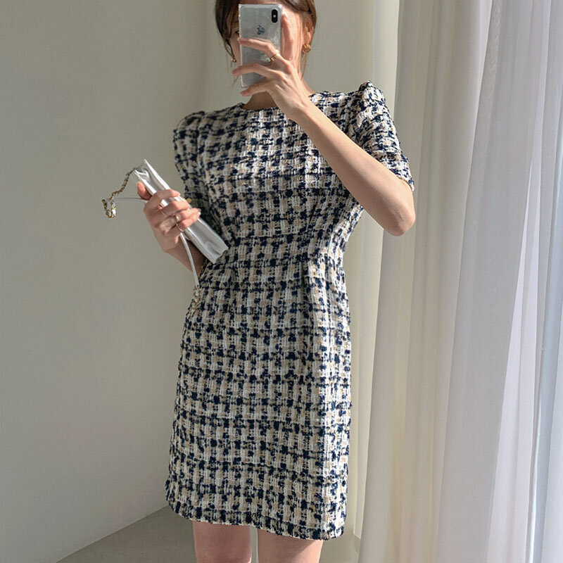 Coreano vintage o-neck cintura fina vestido curto 2021 francês chique feminino elegante de manga curta a linha vestido da senhora do escritório vestidos
