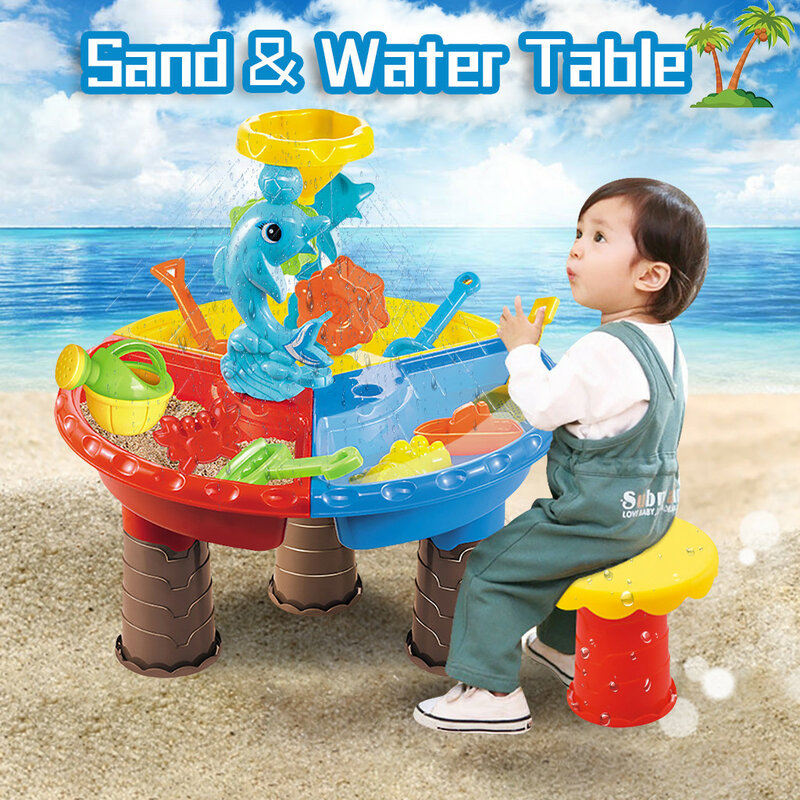 Sand & Water ตารางสวนกลางแจ้ง Sandbox ชุดเล่นตารางเด็กฤดูร้อนของเล่นชายหาดถัง Seaside เด็กของขวัญของเล่นชา...