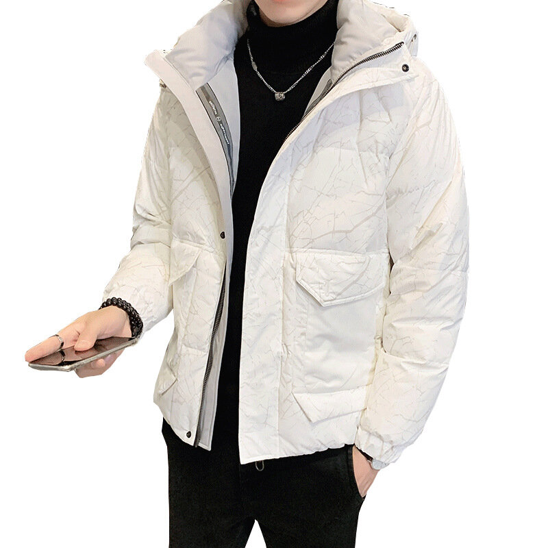 2021 inverno nova juventude coreano loja proprietário estilo casual impresso cardigan com capuz jaqueta jaqueta masculina para baixo jaqueta
