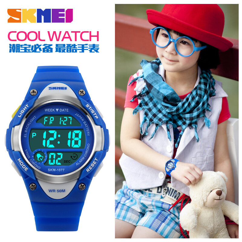 SKMEI-relojes deportivos para niños, reloj Digital con alarma para estudiantes, cronómetro con luz trasera, resistente al agua hasta 50m, 1077