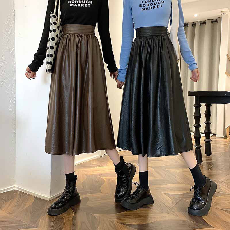 Осенняя юбка из искусственной кожи в Корейском стиле, новинка 2021, средней и длинной тонкой юбки с высокой талией и широкой юбкой-зонтиком