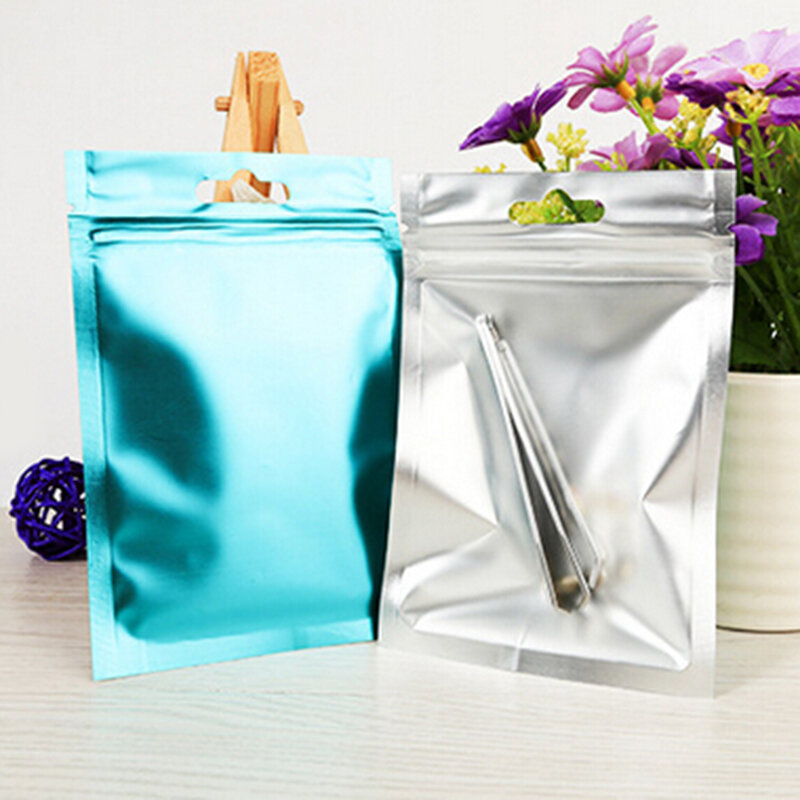 Bolsa de embalaje de alimentos de papel de aluminio con cierre de cremallera portátil, paquete de bolsas de Mylar metálicas de fondo plano, 8x13cm