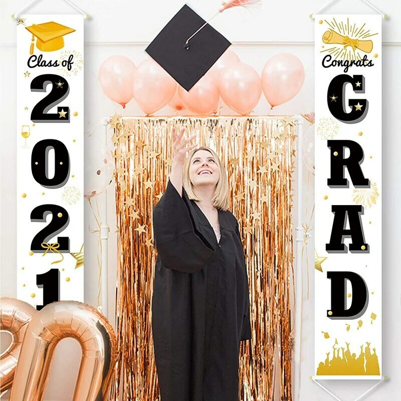 2Pcs graduazione portico segno classe di 2021 laurea appeso Banner porta d'ingresso cortile decorazione festa di laurea