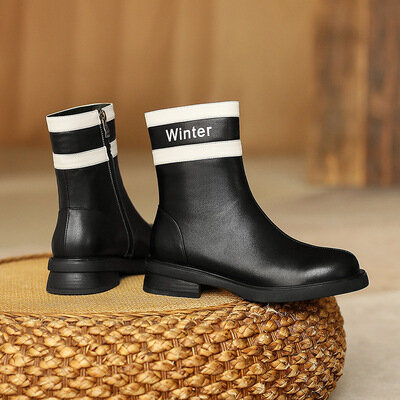 Осенне-зимние модные черные ботинки на толстом каблуке с круглым носком и плоской подошвой