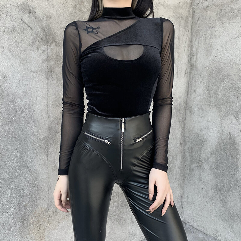 InsGoth شبكة المرقعة القوطي الأسود بلايز خمر مثير انظر من خلال Bodycon توب الشارع الشهير الشرير كم طويل ملابس النساء الأساسية