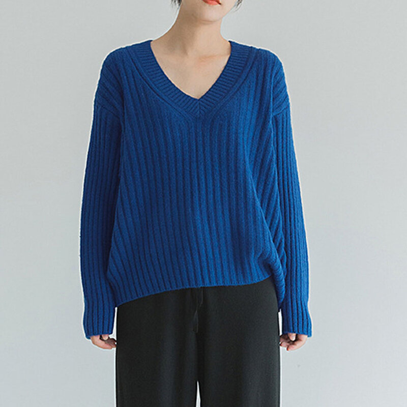 2021 새로운 패션 캐주얼 여자 스웨터 가을 겨울 단순 v 넥 긴 소매 단색 느슨한 풀오버 스웨터